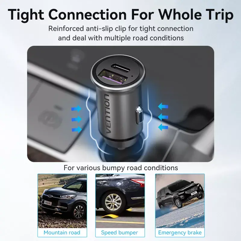 Automobilinis kroviklis Vention dviejų prievadų USB A+C (18/20) pilkas mini stiliaus aliuminio lydinys