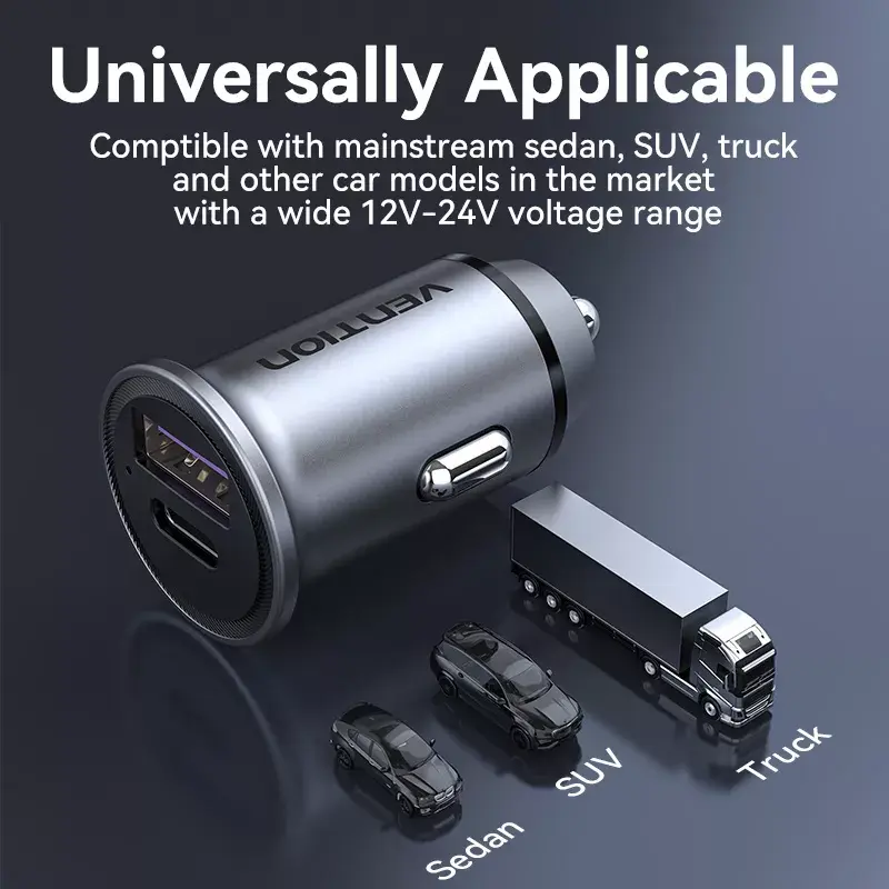 Automobilinis kroviklis Vention dviejų prievadų USB A+C (18/20) pilkas mini stiliaus aliuminio lydinys
