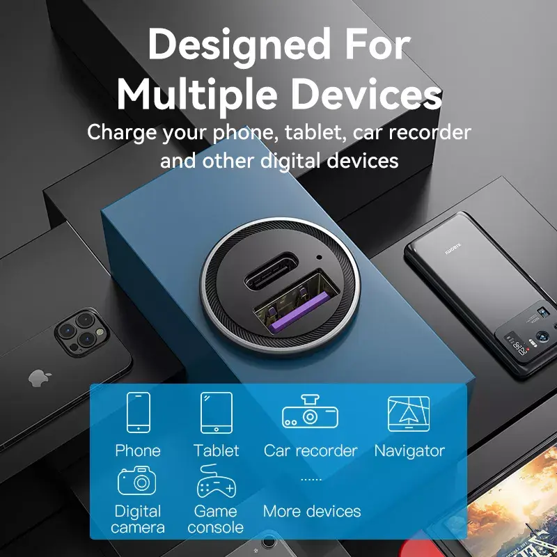 Automobilinis kroviklis Vention dviejų prievadų USB A+C (18/20) pilkas mini stiliaus aliuminio lydinys