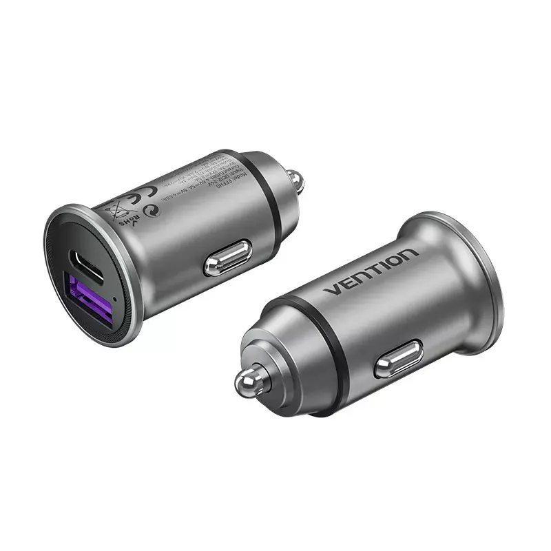 Automobilinis kroviklis Vention dviejų prievadų USB A+C (18/20) pilkas mini stiliaus aliuminio lydinys