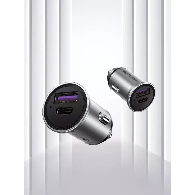 Automobilinis kroviklis Vention dviejų prievadų USB A+C (18/20) pilkas mini stiliaus aliuminio lydinys