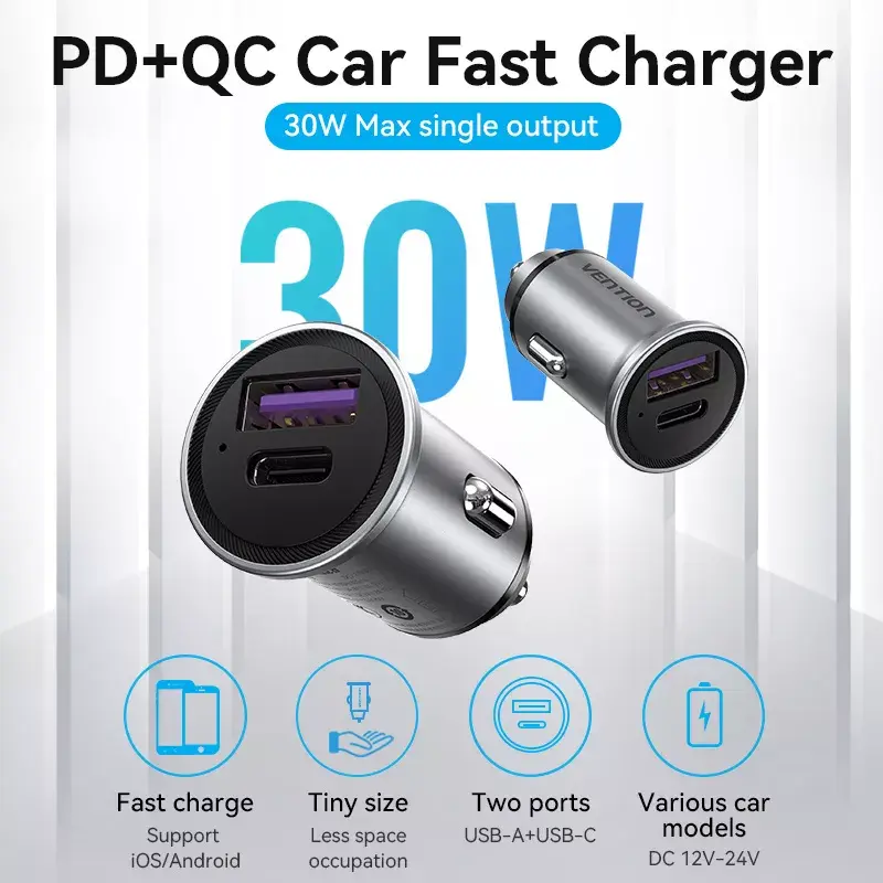 Automobilinis kroviklis Vention dviejų prievadų USB A+C (18/20) pilkas mini stiliaus aliuminio lydinys