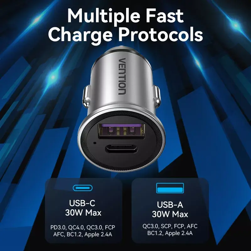 Automobilinis kroviklis Vention dviejų prievadų USB A+C (18/20) pilkas mini stiliaus aliuminio lydinys