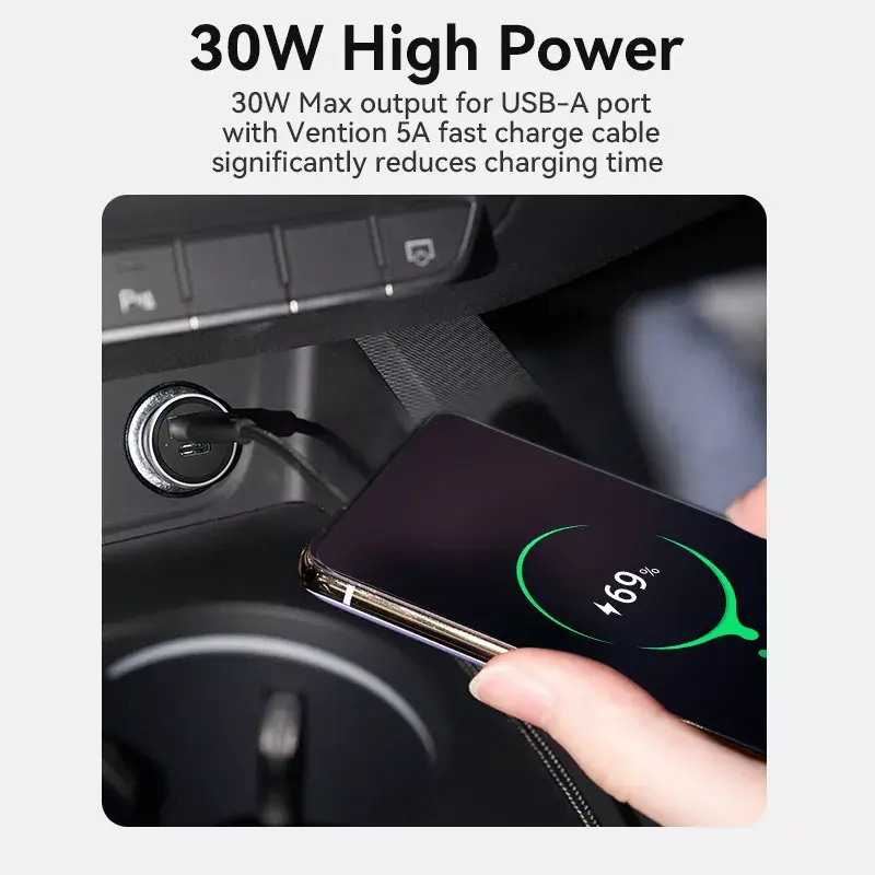 Automobilinis kroviklis Vention dviejų prievadų USB A+C (18/20) pilkas mini stiliaus aliuminio lydinys
