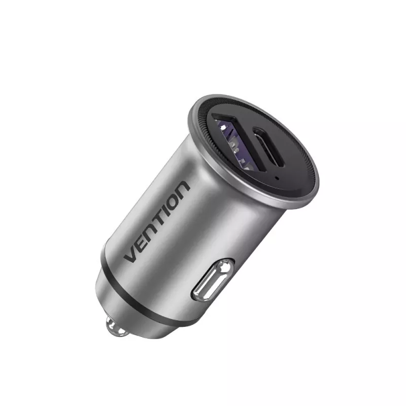 Automobilinis kroviklis Vention dviejų prievadų USB A+C (18/20) pilkas mini stiliaus aliuminio lydinys