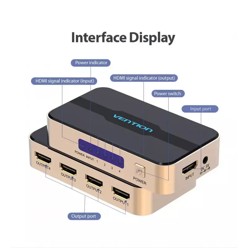 HDMI skirstytuvas Vention 1 į 4 4K@30Hz auksinis aliuminio lydinys
