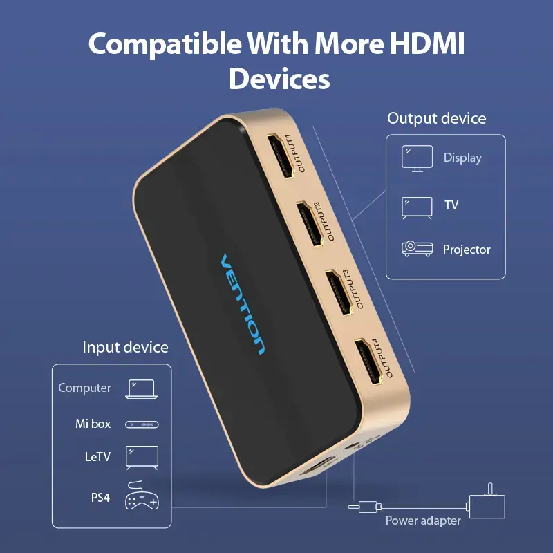 HDMI skirstytuvas Vention 1 į 4 4K@30Hz auksinis aliuminio lydinys