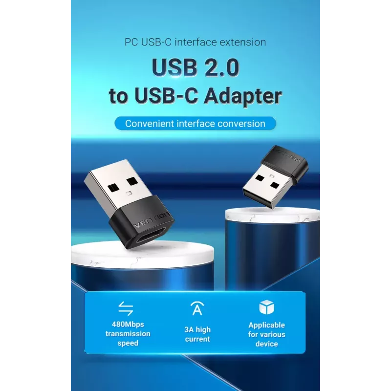 USB adapteris Vention CDWB0 USB 2.0 vyriškas (USB-A) į moterišką USB-C, juodas PVC