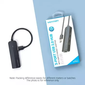 USB 2.0 3 prievadų šakotuvas su Ethernet adapteriu Vention, 100M, juodas
