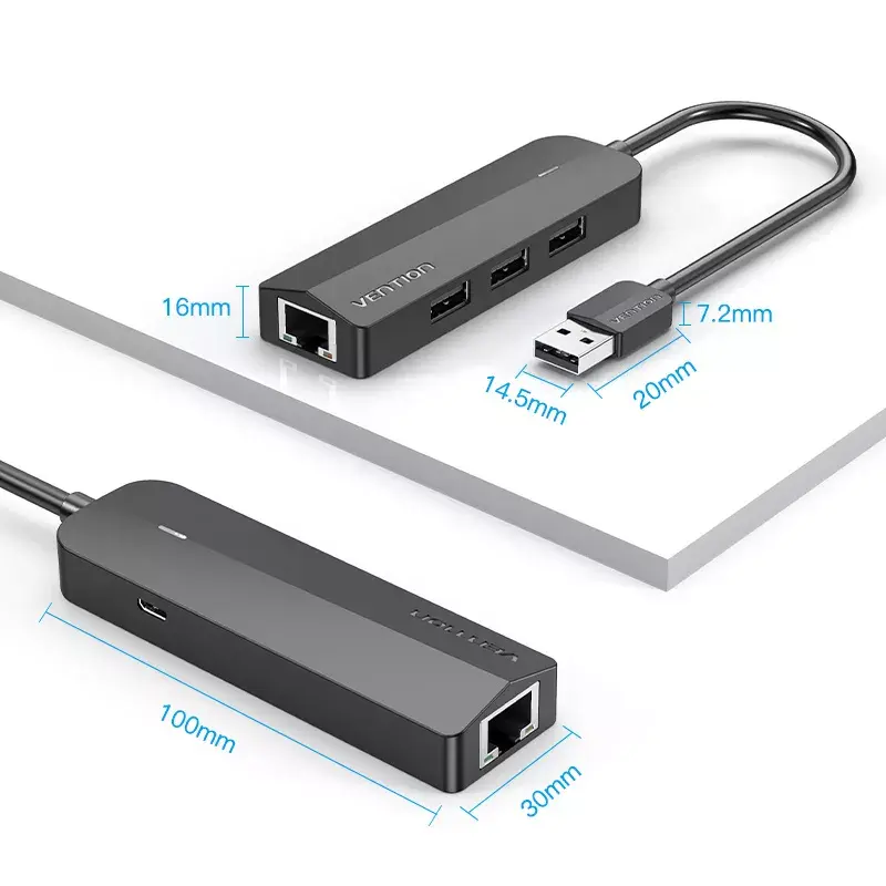 USB 2.0 3 prievadų šakotuvas su Ethernet adapteriu Vention, 100M, juodas