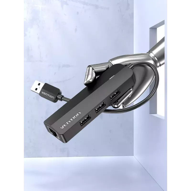USB 2.0 3 prievadų šakotuvas su Ethernet adapteriu Vention, 100M, juodas