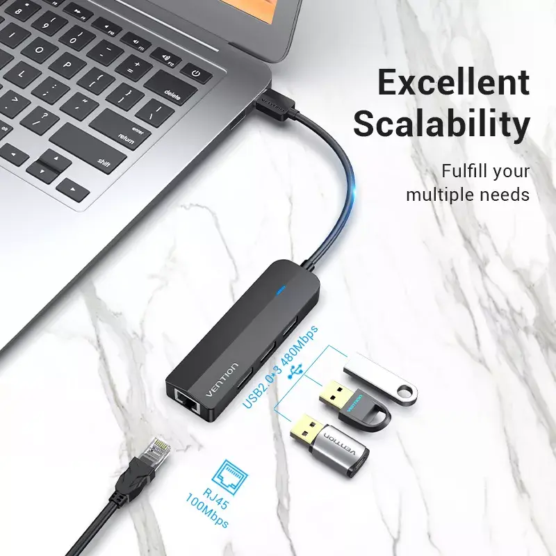 USB 2.0 3 prievadų šakotuvas su Ethernet adapteriu Vention, 100M, juodas