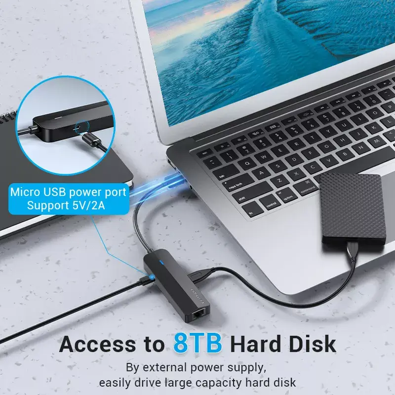 USB 2.0 3 prievadų šakotuvas su Ethernet adapteriu Vention, 100M, juodas