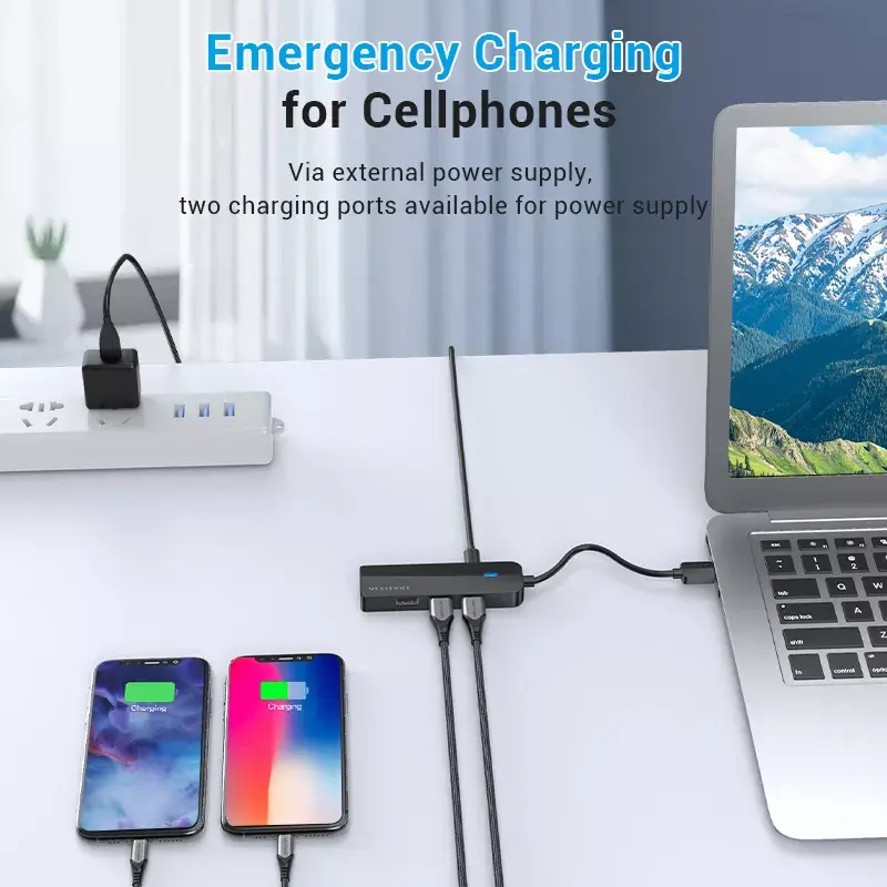USB 2.0 3 prievadų šakotuvas su Ethernet adapteriu Vention, 100M, juodas