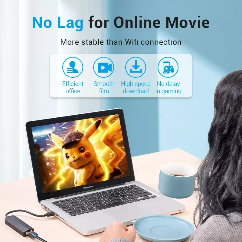 USB 2.0 3 prievadų šakotuvas su Ethernet adapteriu Vention, 100M, juodas