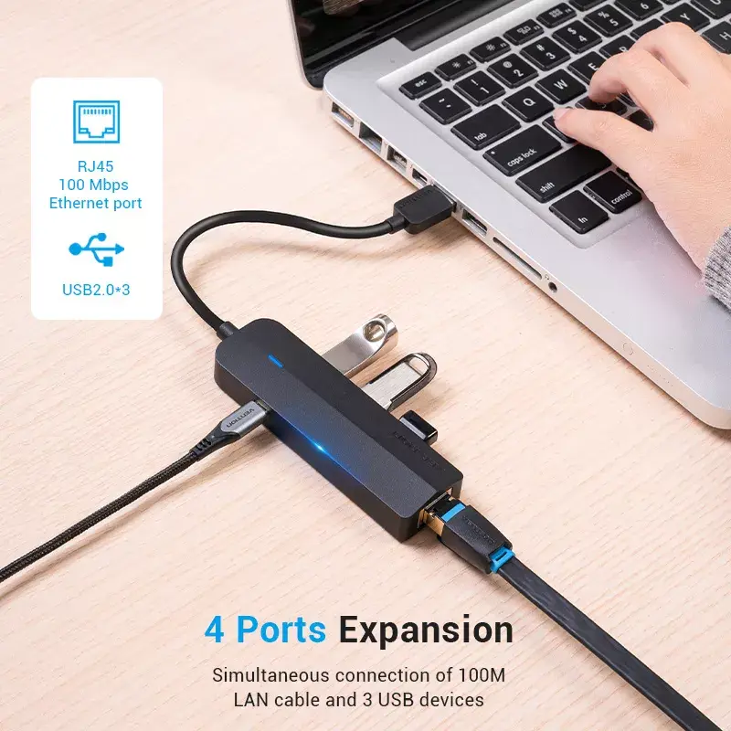 USB 2.0 3 prievadų šakotuvas su Ethernet adapteriu Vention, 100M, juodas