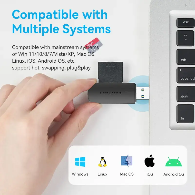 Vention 2-in-1 USB 3.2 Gen 1 (USB 3.0) kortelių skaitytuvas – SD ir MicroSD, juodas, kompaktiškas