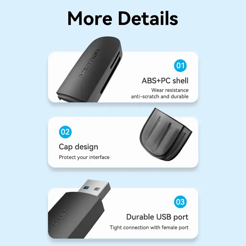 Vention 2-in-1 USB 3.2 Gen 1 (USB 3.0) kortelių skaitytuvas – SD ir MicroSD, juodas, kompaktiškas
