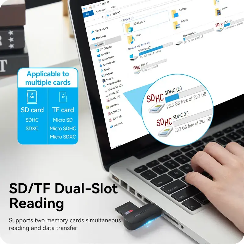 Vention 2-in-1 USB 3.2 Gen 1 (USB 3.0) kortelių skaitytuvas – SD ir MicroSD, juodas, kompaktiškas
