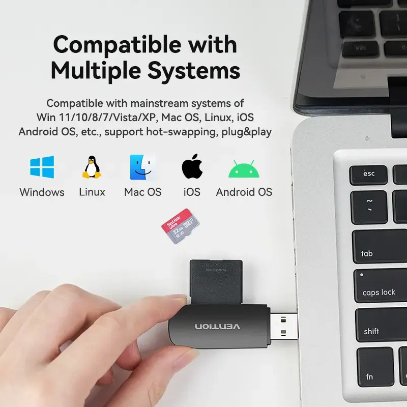 Vention 2-in-1 USB 3.0 A kortelių skaitytuvas SD+TF, USB 3.2 Gen 1, 5000 Mbit/s, juodas