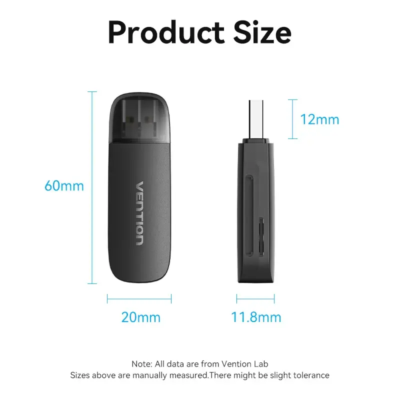 Vention 2-in-1 USB 3.0 A kortelių skaitytuvas SD+TF, USB 3.2 Gen 1, 5000 Mbit/s, juodas