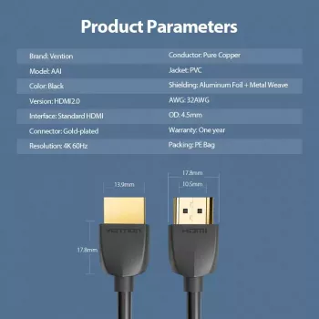 Vention nešiojamas HDMI kabelis 0,5 m juodas HDMI 2.0 18 Gbit/s