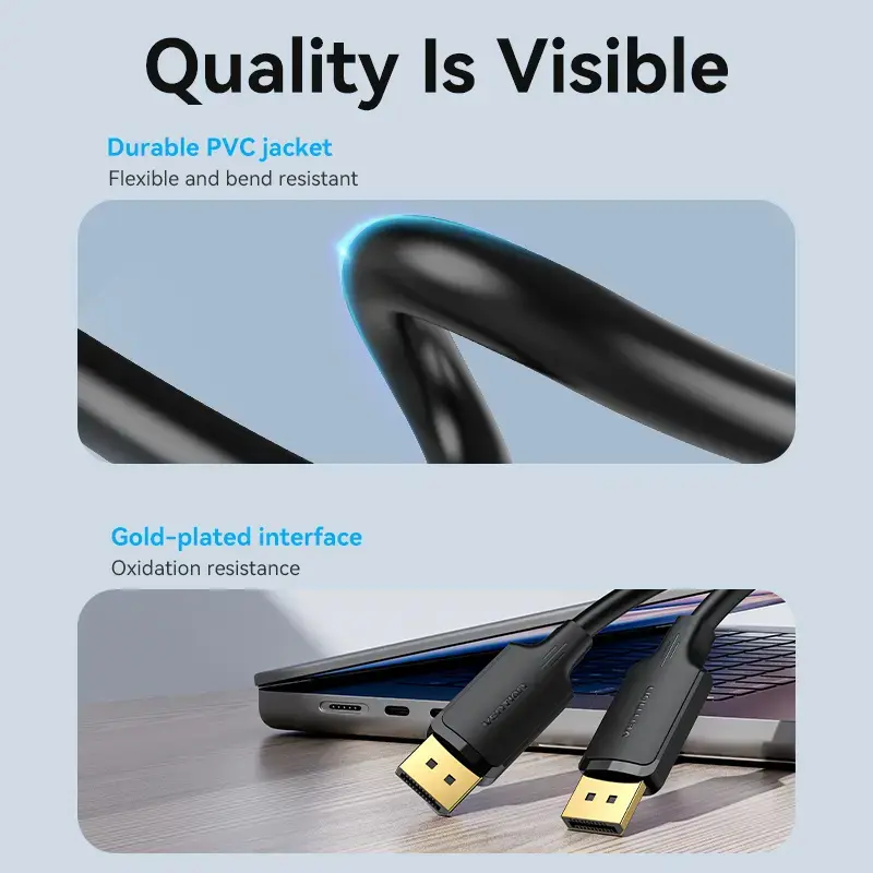 Vention DisplayPort laidas 1,5 m, vyriškas-į-vyrišką, 4K HD, juodas, 6 mm skersmuo