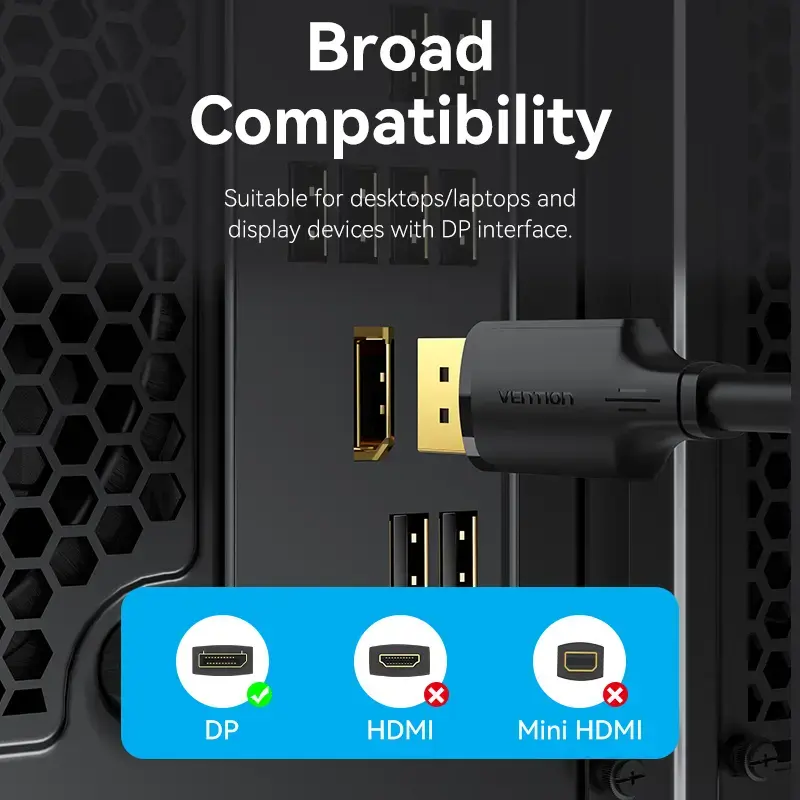 Vention DisplayPort laidas 1,5 m, vyriškas-į-vyrišką, 4K HD, juodas, 6 mm skersmuo
