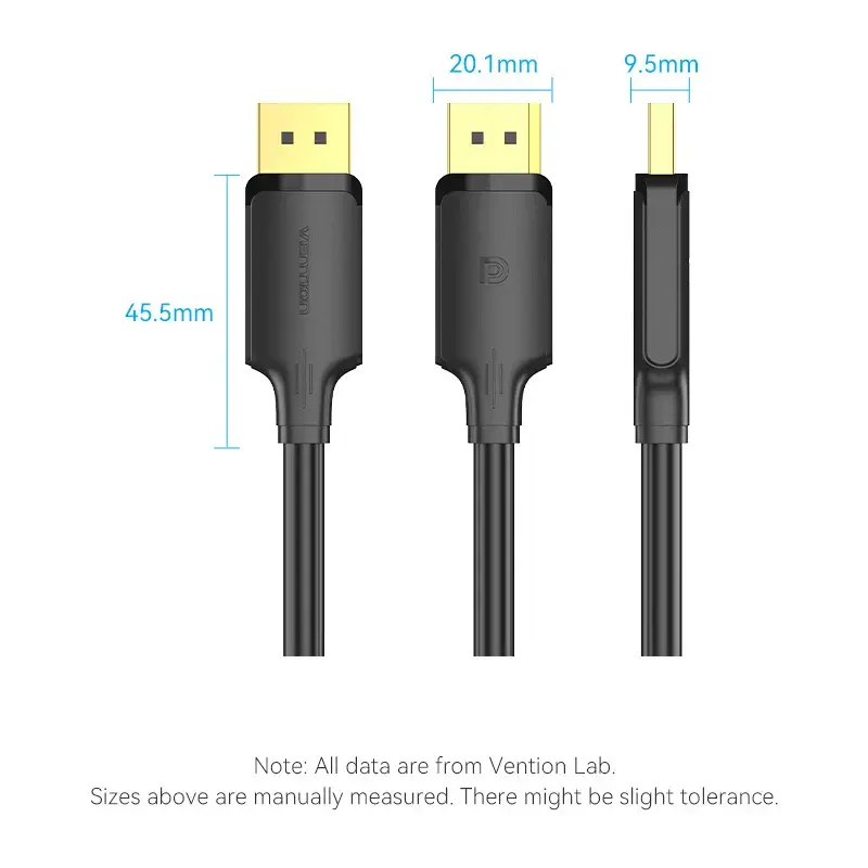 Vention DisplayPort laidas 1,5 m, vyriškas-į-vyrišką, 4K HD, juodas, 6 mm skersmuo