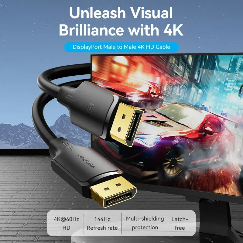 Vention DisplayPort laidas 1,5 m, vyriškas-į-vyrišką, 4K HD, juodas, 6 mm skersmuo