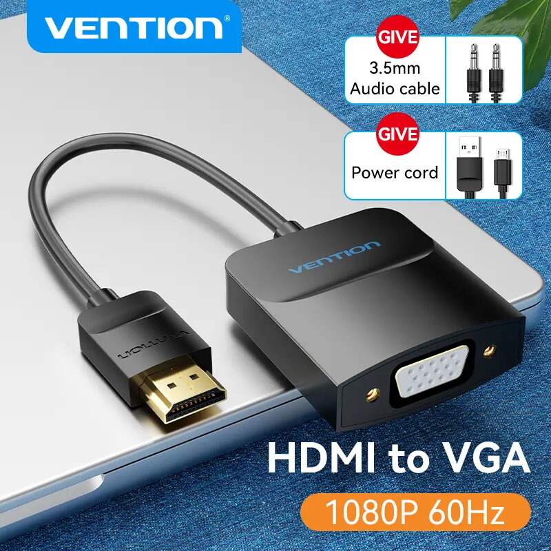 HDMI į VGA keitiklis Vention 0,15 m Juodas HDMI A tipo VGA D-Sub Micro USB Garsas