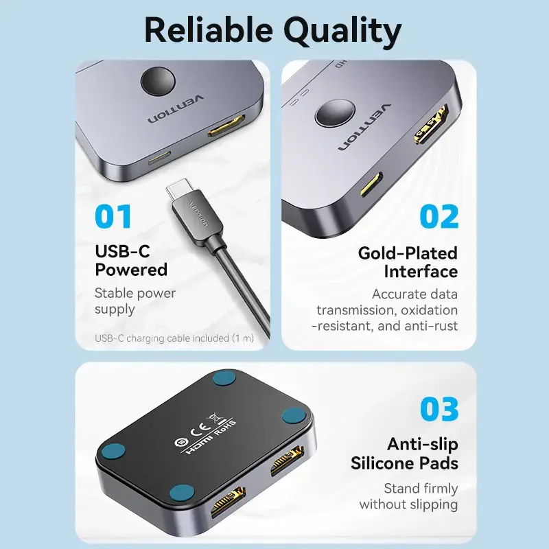 Vention 2-Port Bi-Directional 8K HDMI Switcher AKPH0, HDMI 2.1, 7680×4320@60Hz, USB-C maitinimas, aliuminis, pilka