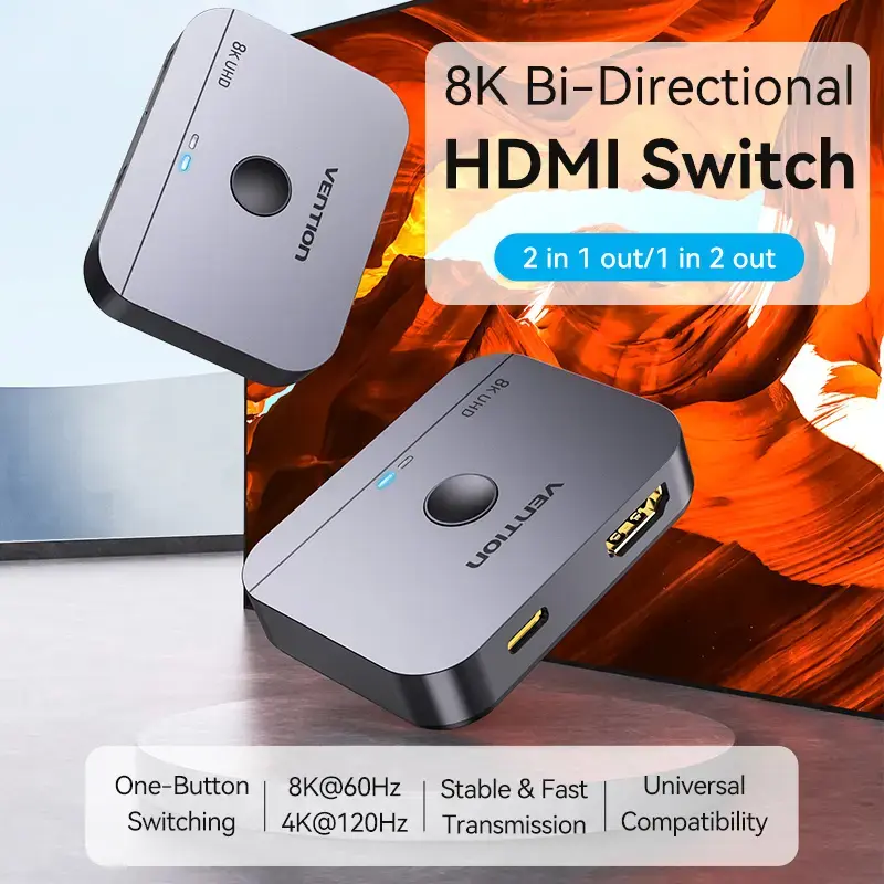 Vention 2-Port Bi-Directional 8K HDMI Switcher AKPH0, HDMI 2.1, 7680×4320@60Hz, USB-C maitinimas, aliuminis, pilka