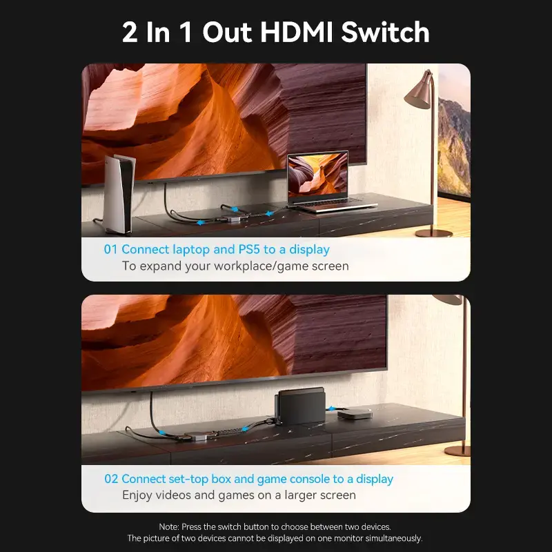 Vention 2-Port Bi-Directional 8K HDMI Switcher AKPH0, HDMI 2.1, 7680×4320@60Hz, USB-C maitinimas, aliuminis, pilka