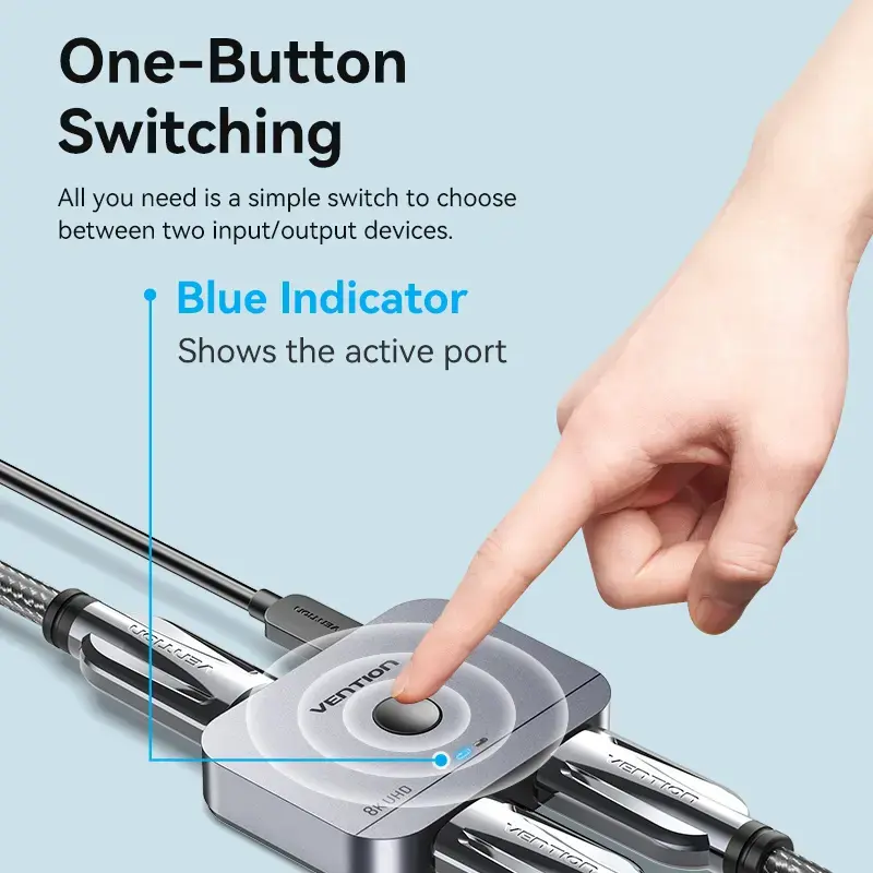 Vention 2-Port Bi-Directional 8K HDMI Switcher AKPH0, HDMI 2.1, 7680×4320@60Hz, USB-C maitinimas, aliuminis, pilka