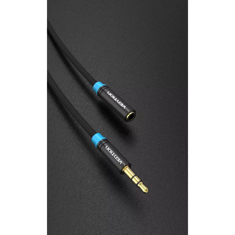 Garso ilginimo laidas Vention 3,5 mm 1,5 m, kištukas‑lizdas, medvilninis pynimas, juoda metalo apdaila
