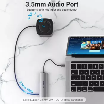 Docking stotelė Vention Multi-function USB-C į HDMI USB3.0x3 RJ45 SD TF TRRS 3.5mm PD 0,15m pilka aliuminio lydinys