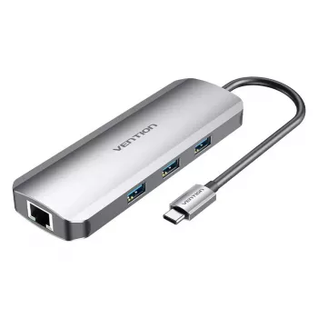 Docking stotelė Vention Multi-function USB-C į HDMI USB3.0x3 RJ45 SD TF TRRS 3.5mm PD 0,15m pilka aliuminio lydinys