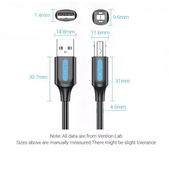 USB 2.0 A (vyriškas) į B (vyriškas) laidas Vention COQBJ, 0,5 m, juodas, PVC apvalkalas, 2 A, 0,48 Gbit/s