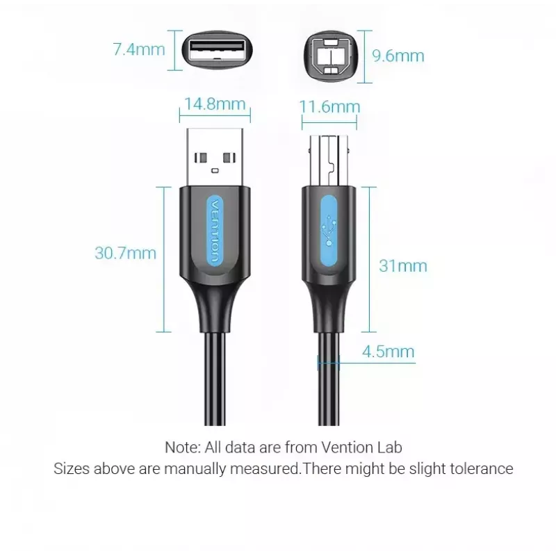 USB 2.0 A (vyriškas) į B (vyriškas) laidas Vention COQBJ, 0,5 m, juodas, PVC apvalkalas, 2 A, 0,48 Gbit/s