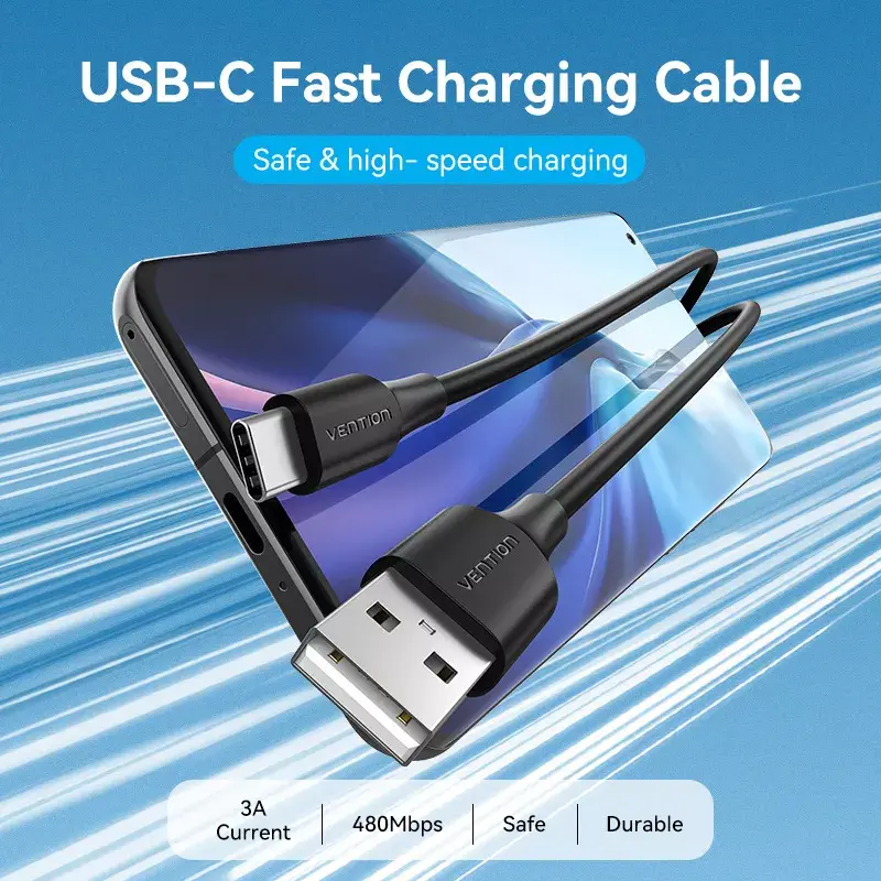 Vention USB 2.0 A Kištukas į C Kištuką 3A Laidas 0.25 m Juodas