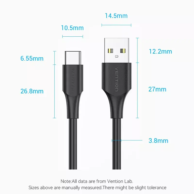 Vention USB 2.0 A (vyriškas) į C (vyriškas) 3A laidas 0,5 m juodas