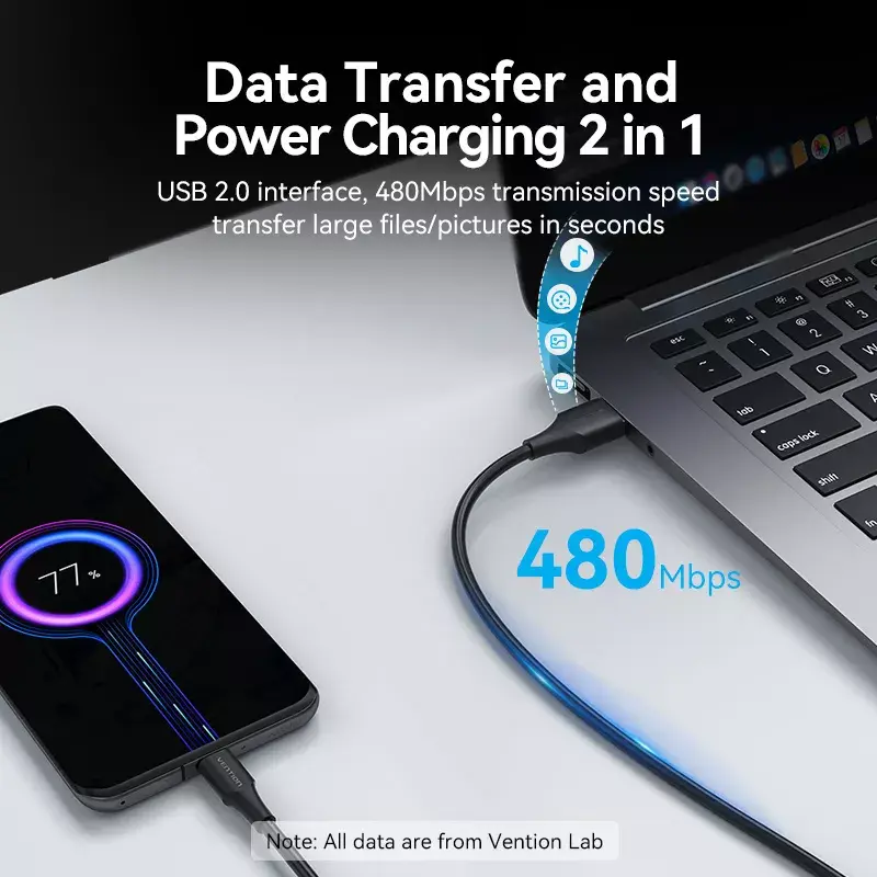 Vention USB 2.0 A (vyriškas) į C (vyriškas) 3A laidas 0,5 m juodas
