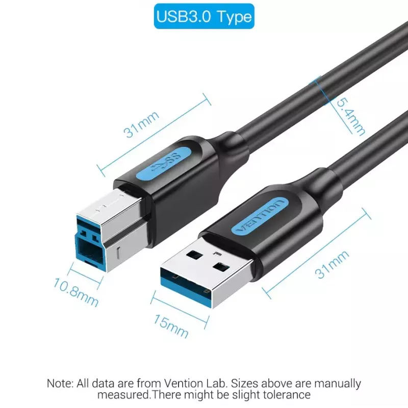 Vention USB 3.0 A į B laidas 3 m — USB 3.2 Gen 1 (5 Gbit/s), juodas, nikeliuotos jungtys