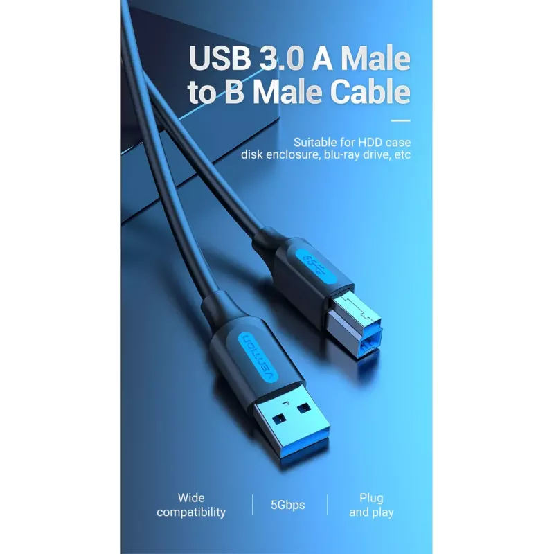 Vention USB 3.0 A į B laidas 3 m — USB 3.2 Gen 1 (5 Gbit/s), juodas, nikeliuotos jungtys