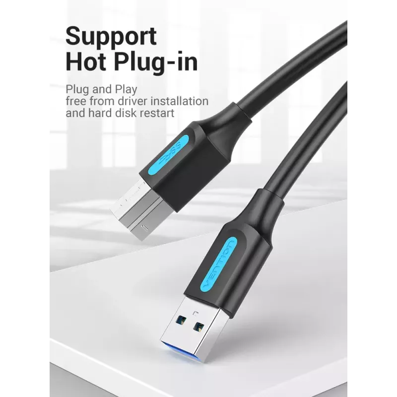 Vention USB 3.0 A į B laidas 3 m — USB 3.2 Gen 1 (5 Gbit/s), juodas, nikeliuotos jungtys