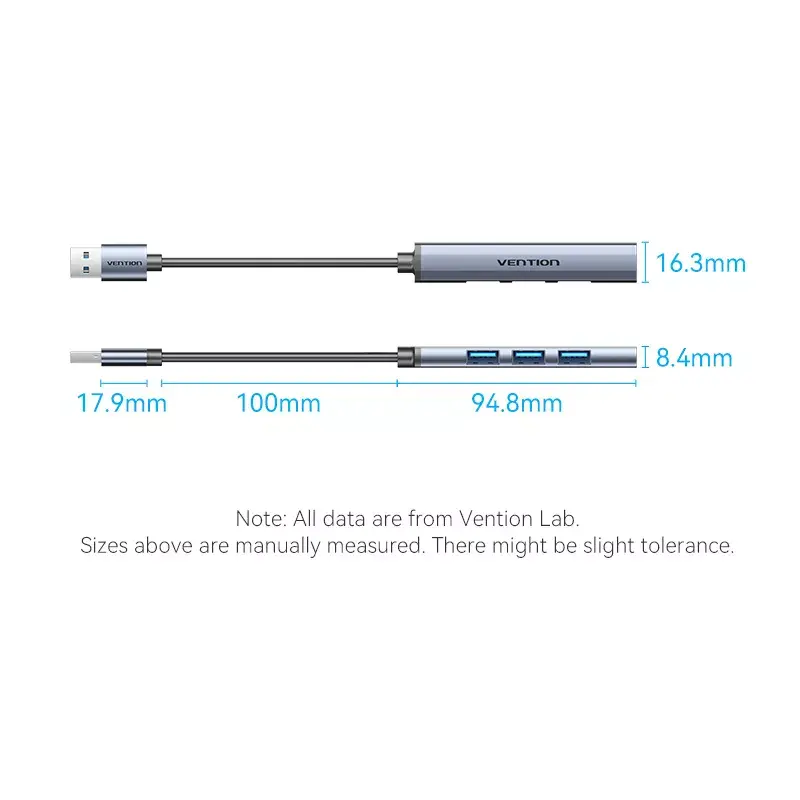 Vention CKOHB 4 viename USB 3.0 mini šakotuvas, 1x USB 3.0 + 3x USB 2.0, 5 Gbps, 0,15 m, aliuminis, pilkas