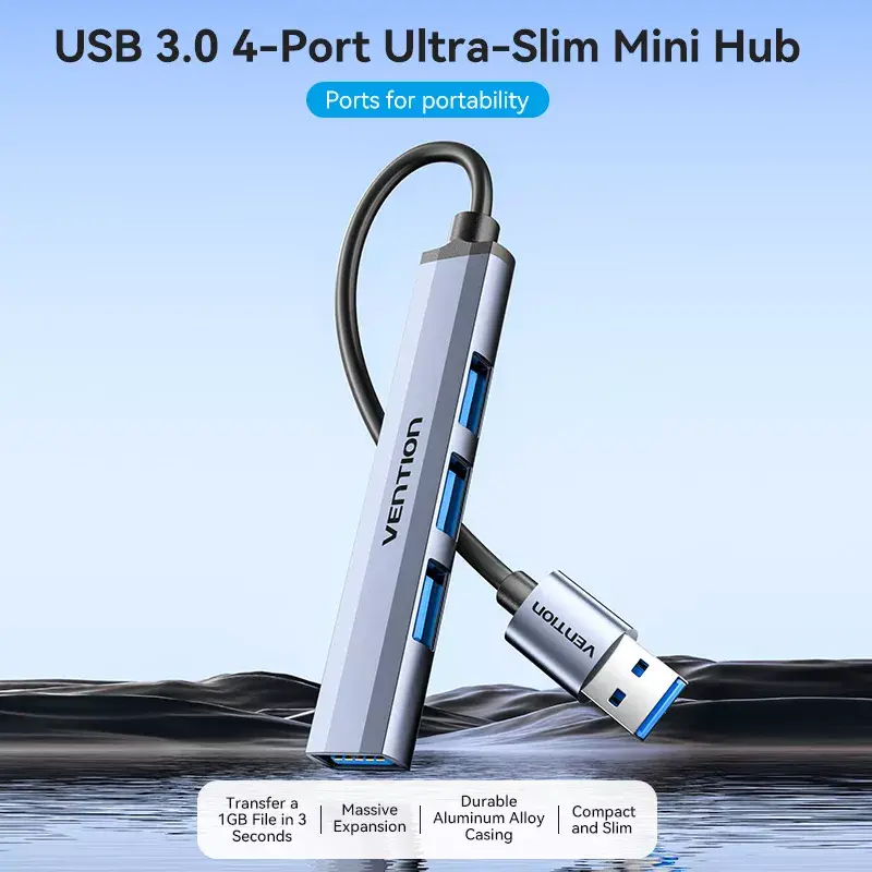 Vention CKOHB 4 viename USB 3.0 mini šakotuvas, 1x USB 3.0 + 3x USB 2.0, 5 Gbps, 0,15 m, aliuminis, pilkas