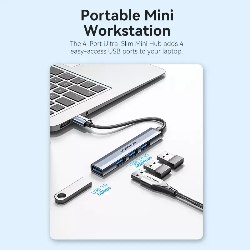 Vention CKOHB 4 viename USB 3.0 mini šakotuvas, 1x USB 3.0 + 3x USB 2.0, 5 Gbps, 0,15 m, aliuminis, pilkas