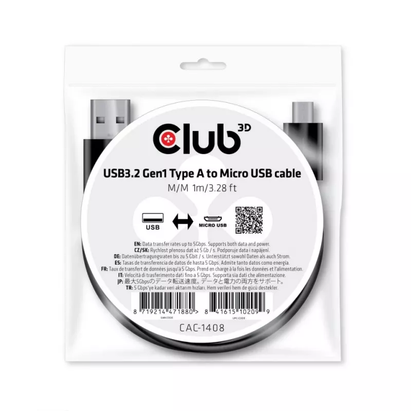 USB 3.2 Gen1 Type-A į Micro USB laidas M/M 1m CLUB3D CAC-1408